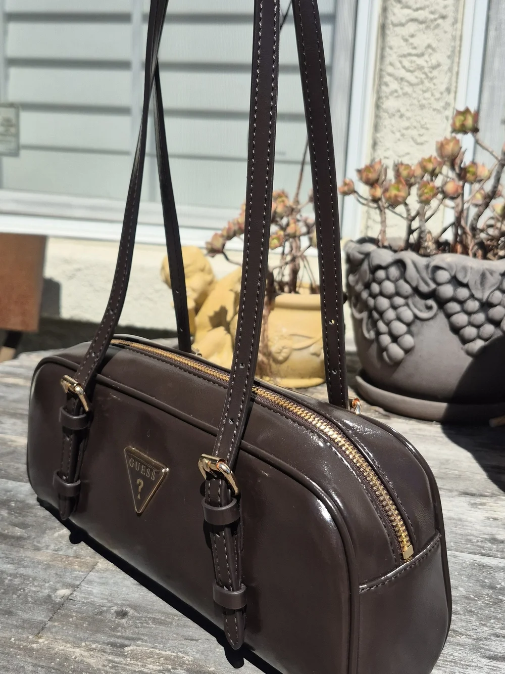 GUESS Brown Leather Double-Handle Shoulder Bag